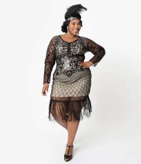 Unique Vintage Plus Size Black & Beige Sleeved Fringe Saint Martin Flapper Dress