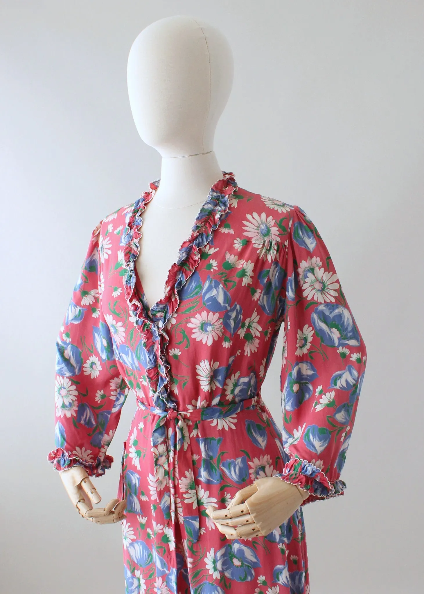 Vintage 1940s Pink Floral Rayon Dressing Gown or Maxi Dress