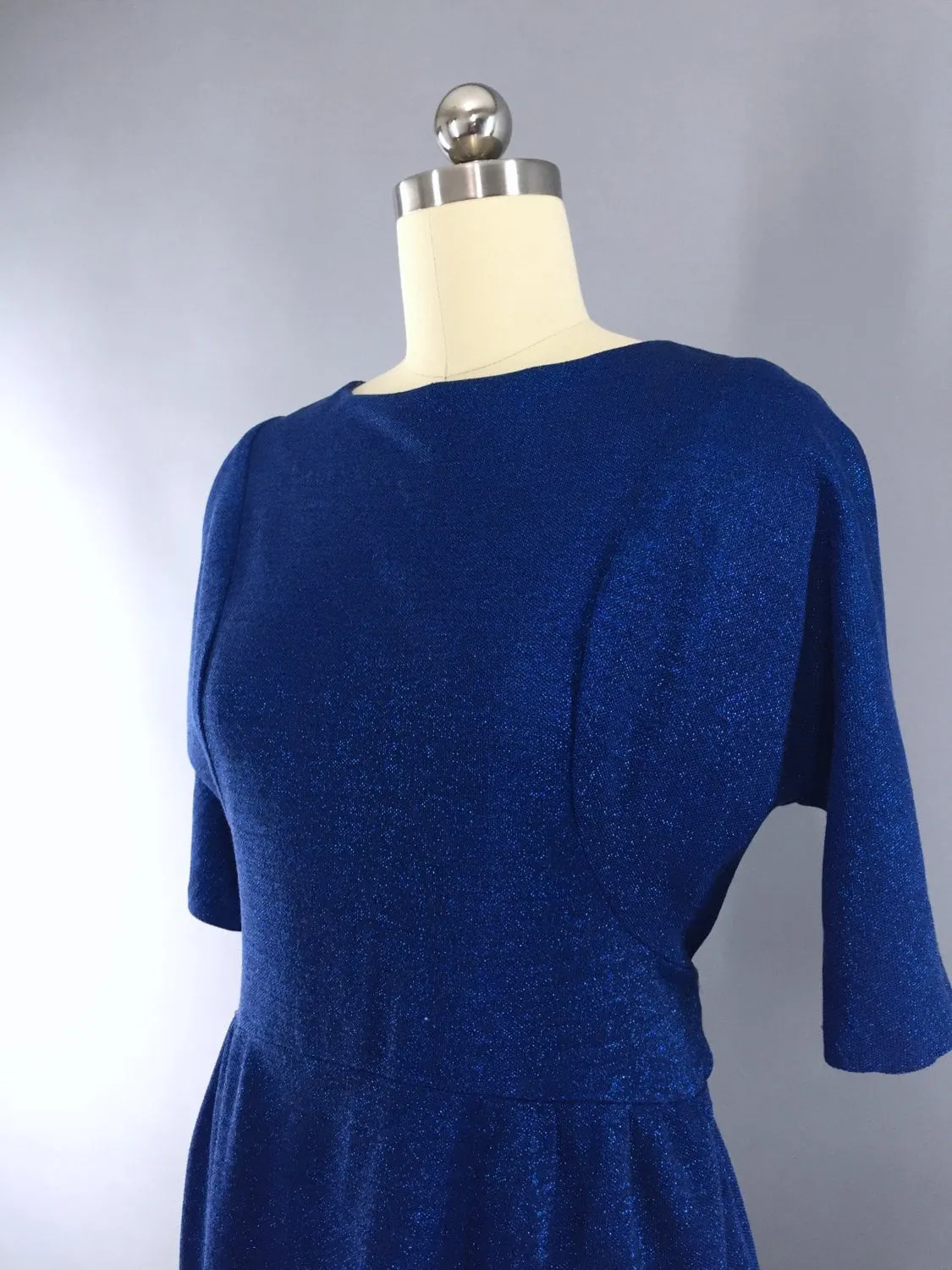 Vintage 1960s Metallic Blue Lurex Knit Dress