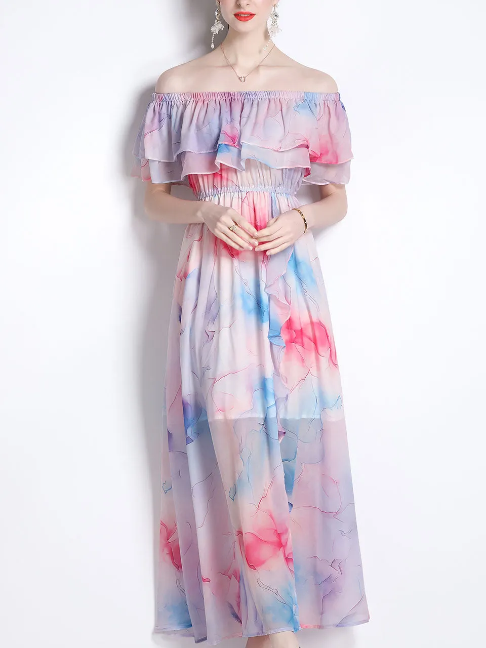 Violet Romantic Floral Print Off The Shoulder Ruffles Maxi Dress