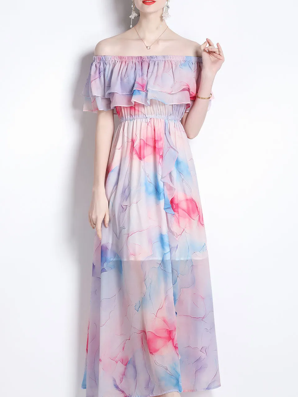 Violet Romantic Floral Print Off The Shoulder Ruffles Maxi Dress