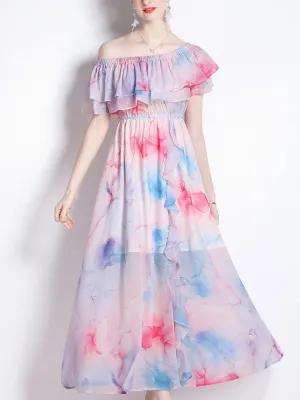 Violet Romantic Floral Print Off The Shoulder Ruffles Maxi Dress