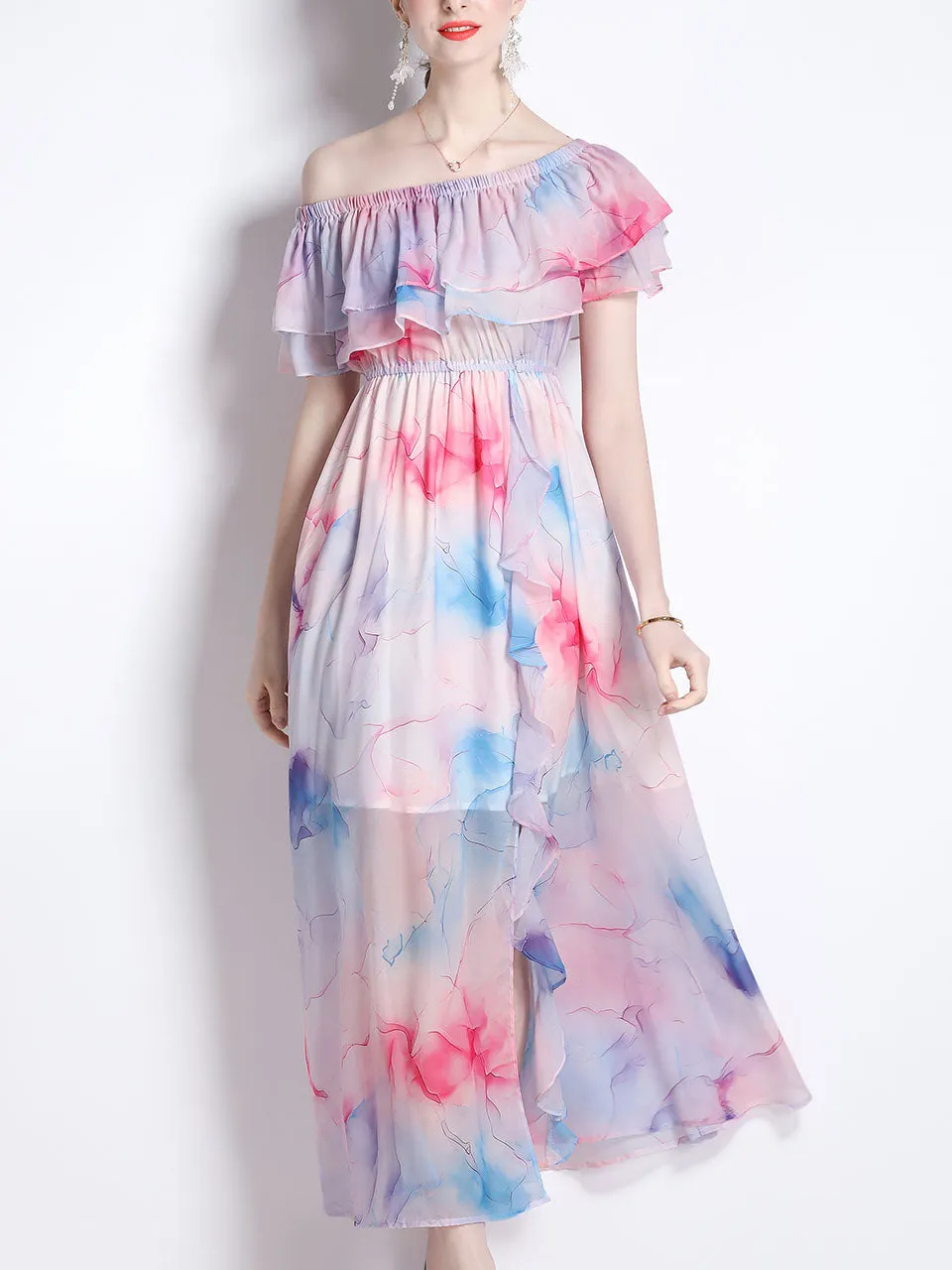 Violet Romantic Floral Print Off The Shoulder Ruffles Maxi Dress