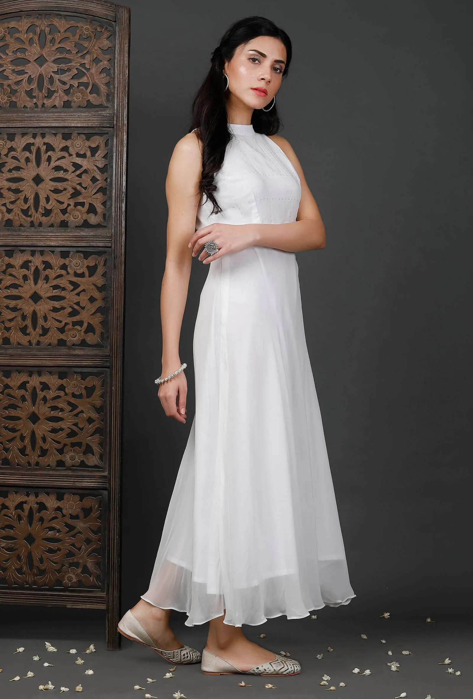 White Georgette Dress With Zari Embroidery