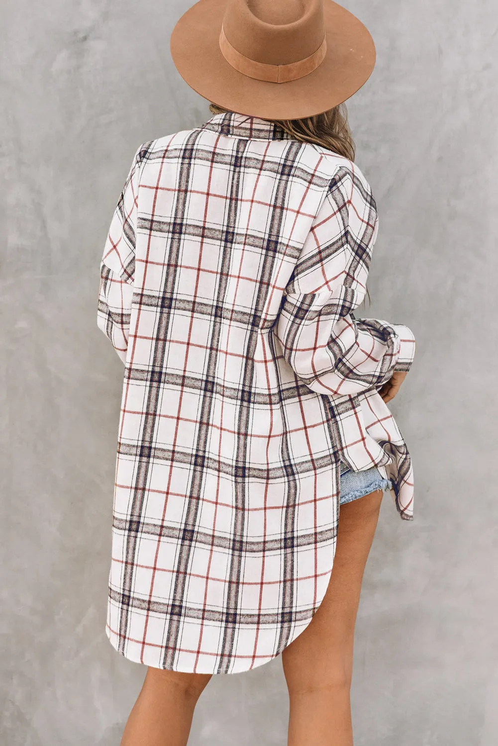 White Plaid Slits Bishop Sleeve Oversized Shacket