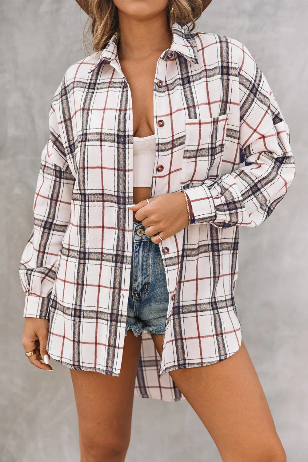 White Plaid Slits Bishop Sleeve Oversized Shacket