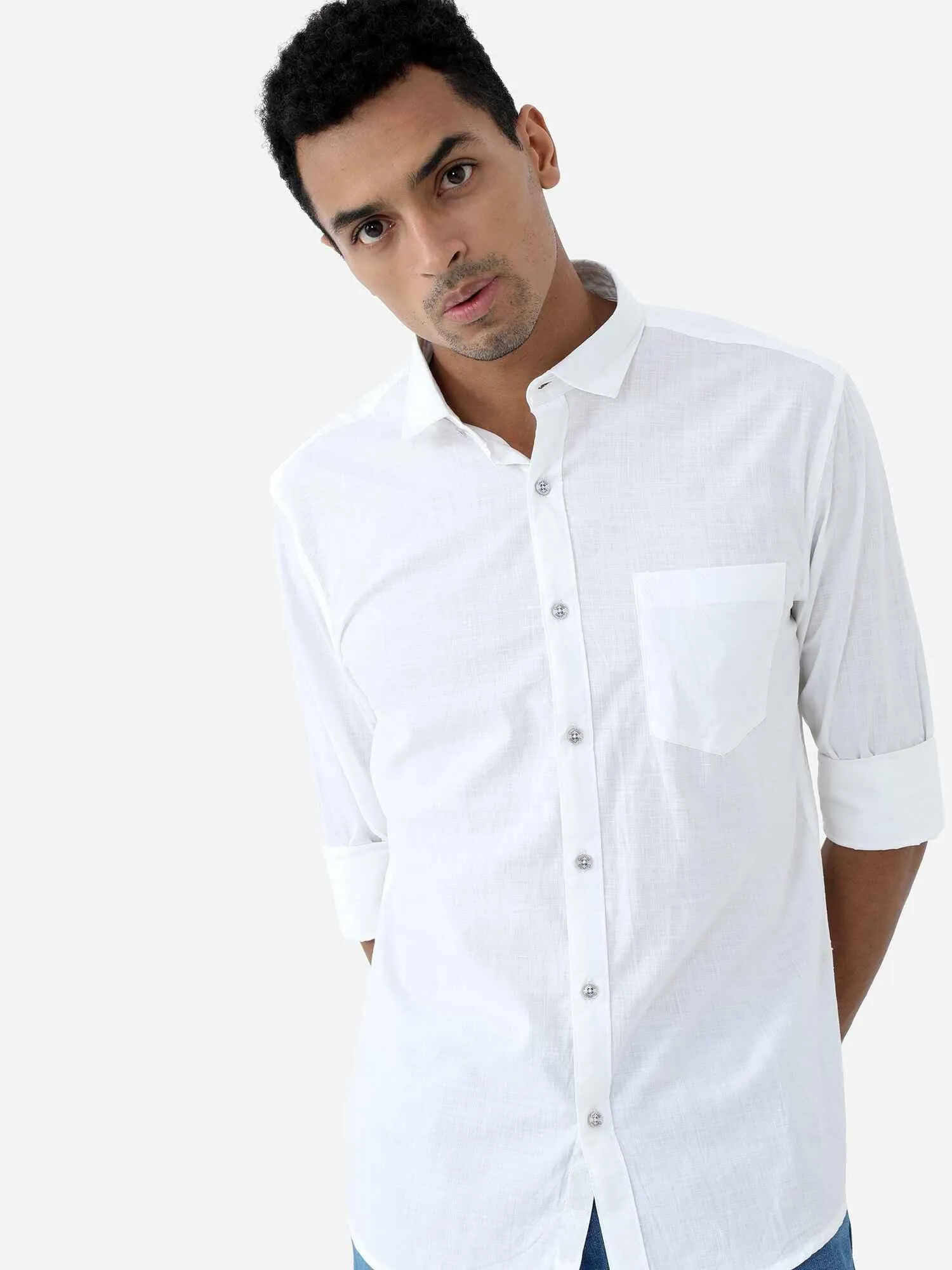 White Solid Cotton Full Sleeve Shirt