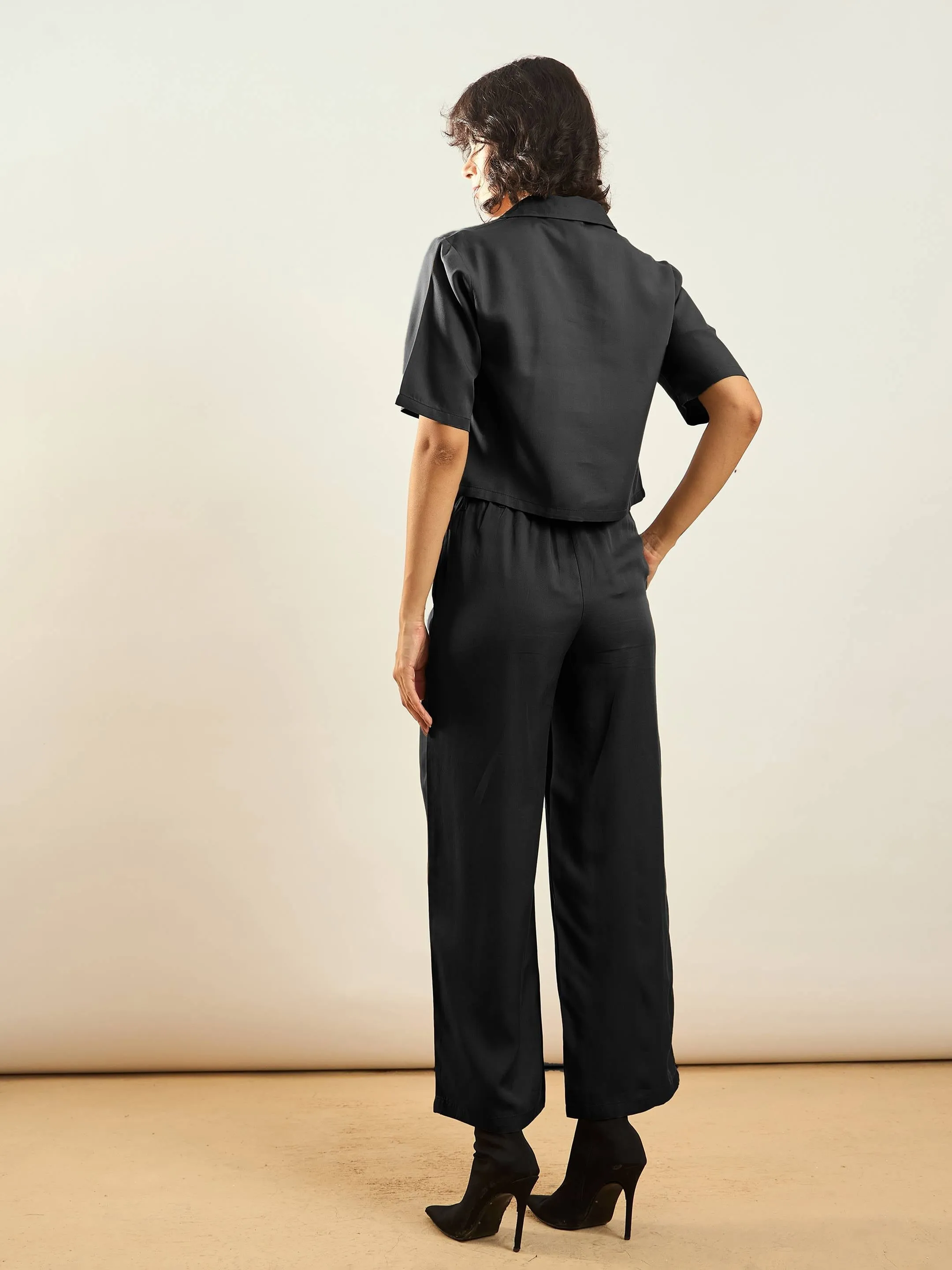 Women Black Notch Collar Shirt With Paperback Waist Pants