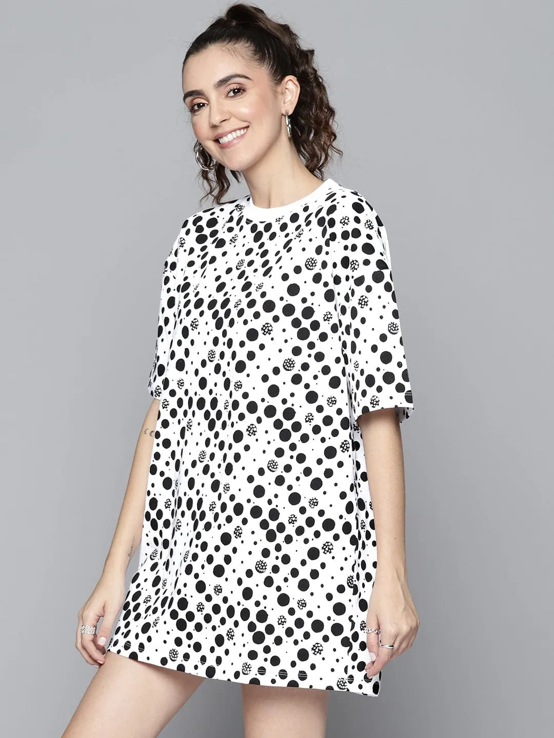 Women Black Polka Dots T-Shirt Dress