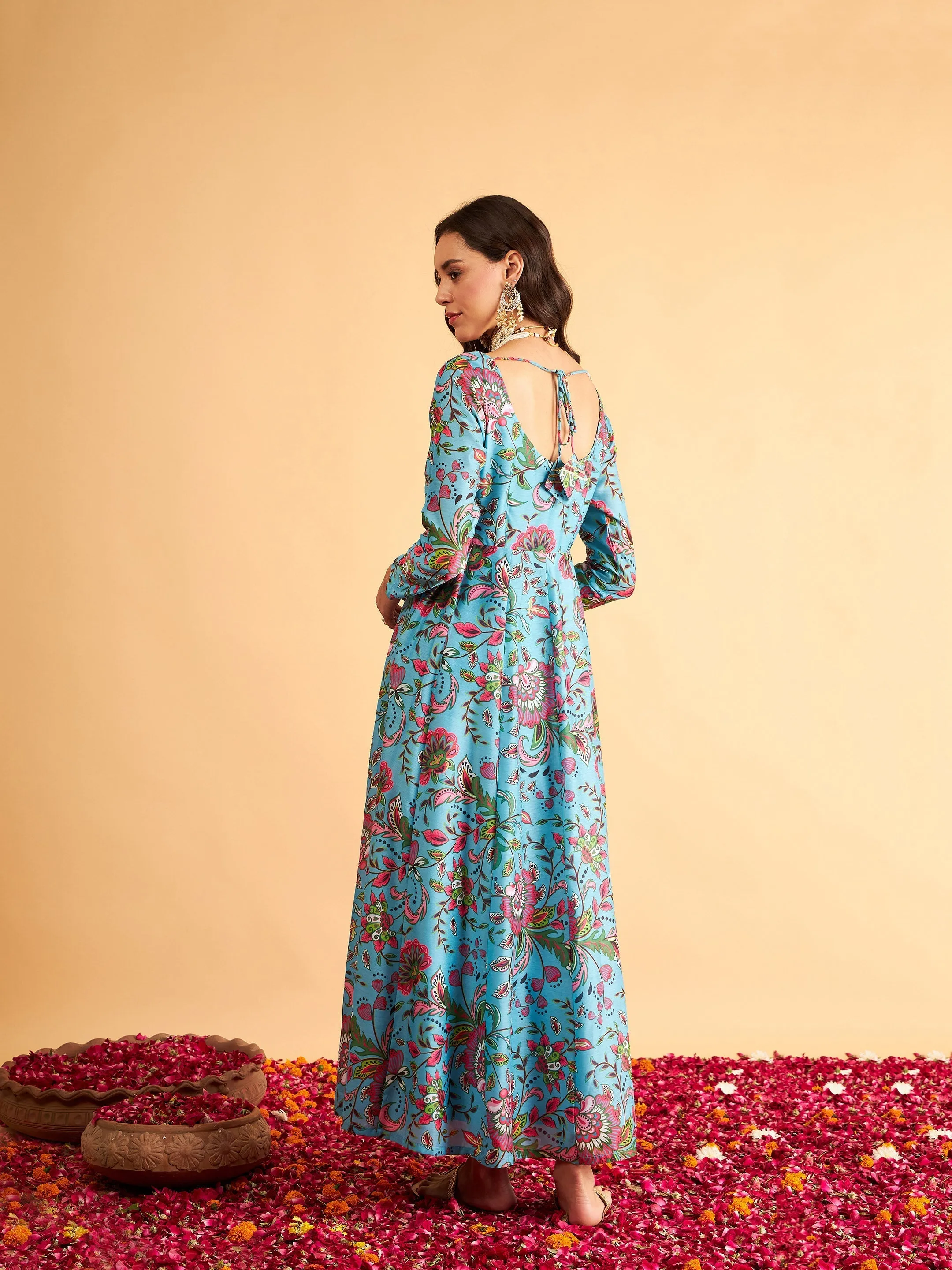 Women Blue Floral Anarkali Maxi Dress