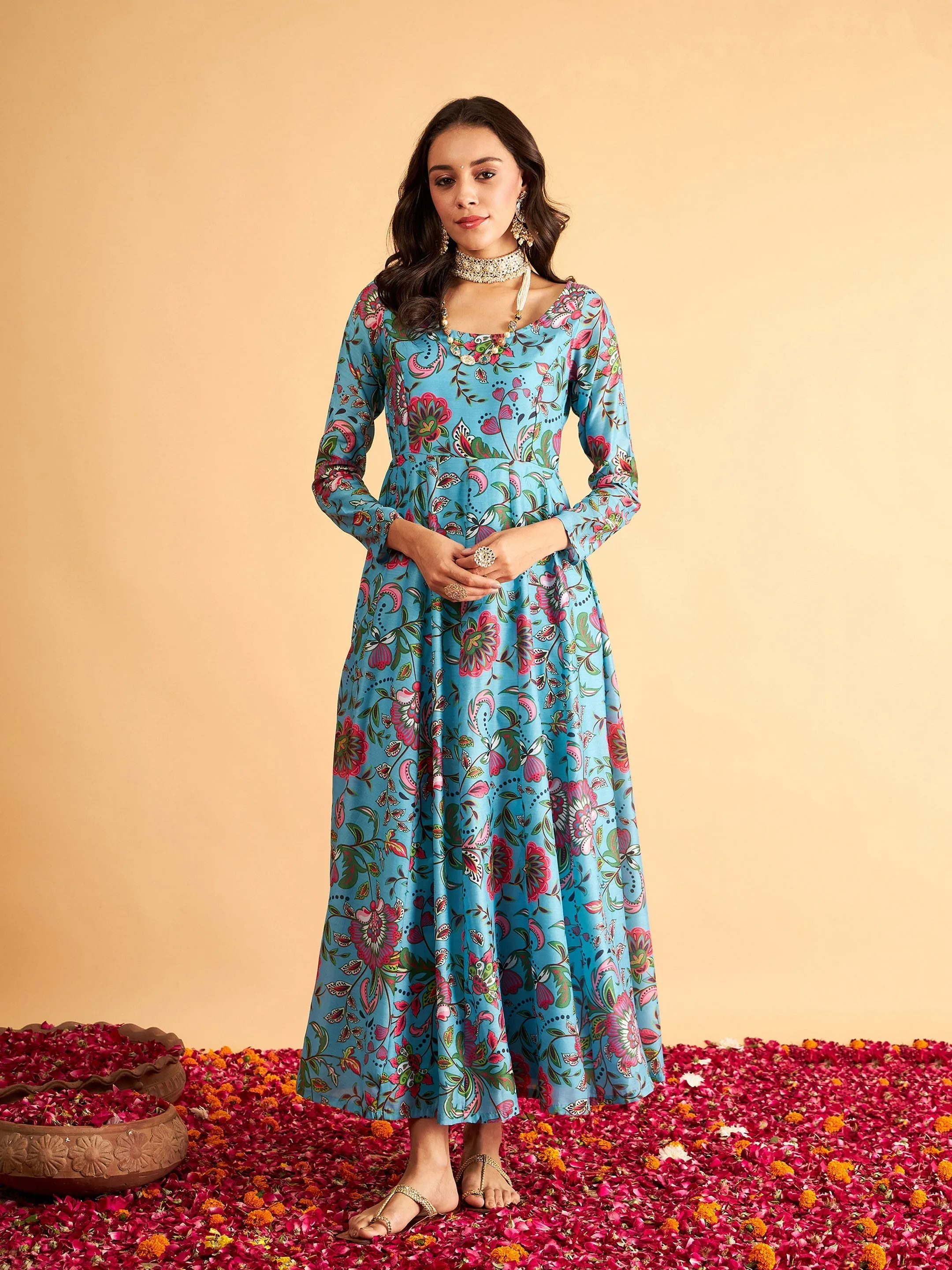 Women Blue Floral Anarkali Maxi Dress