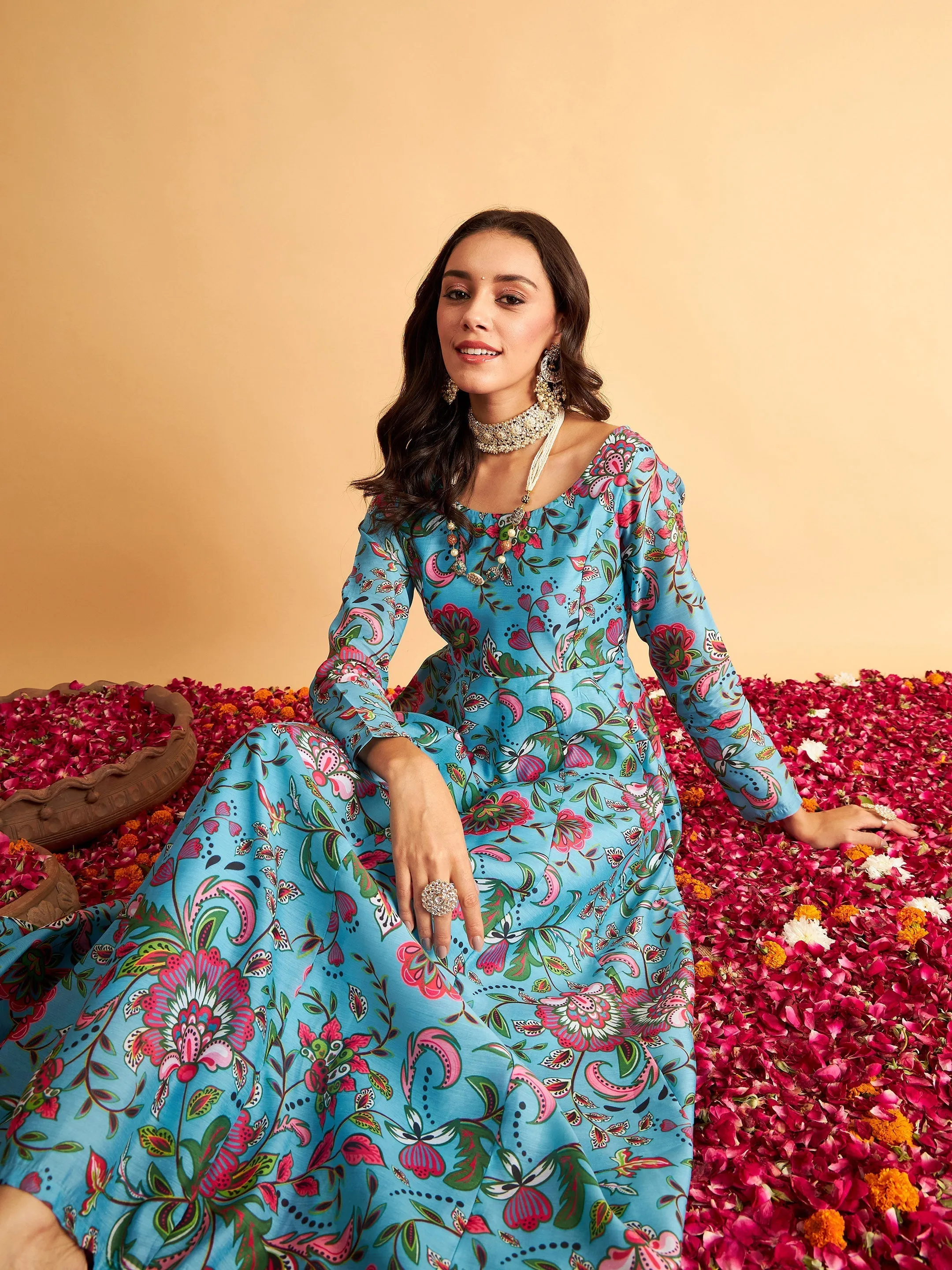 Women Blue Floral Anarkali Maxi Dress