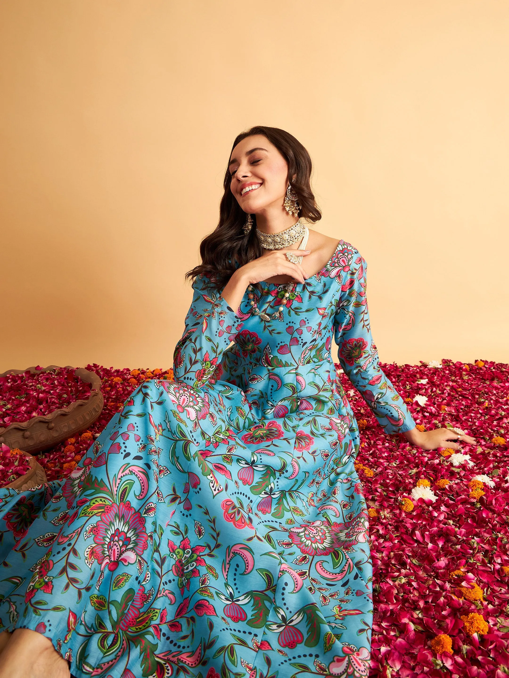 Women Blue Floral Anarkali Maxi Dress