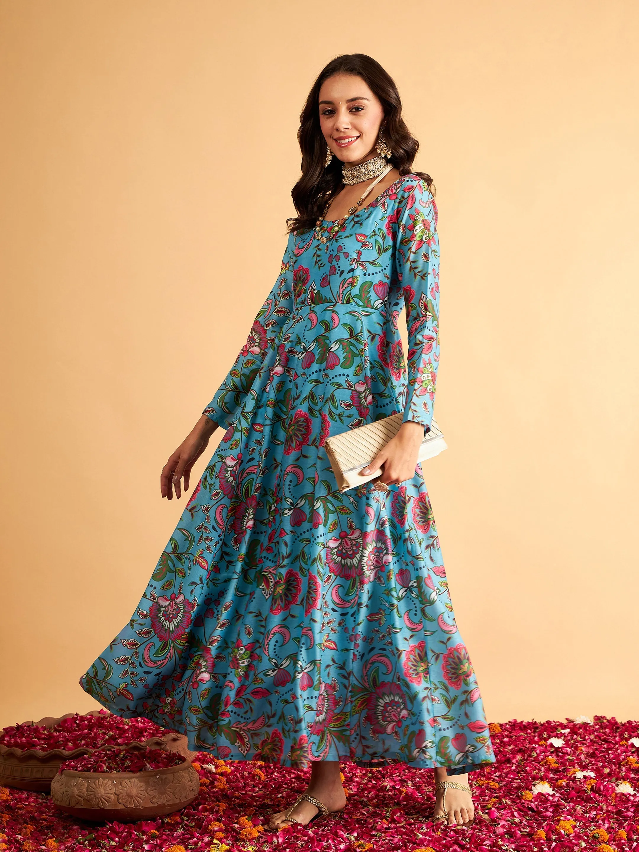 Women Blue Floral Anarkali Maxi Dress