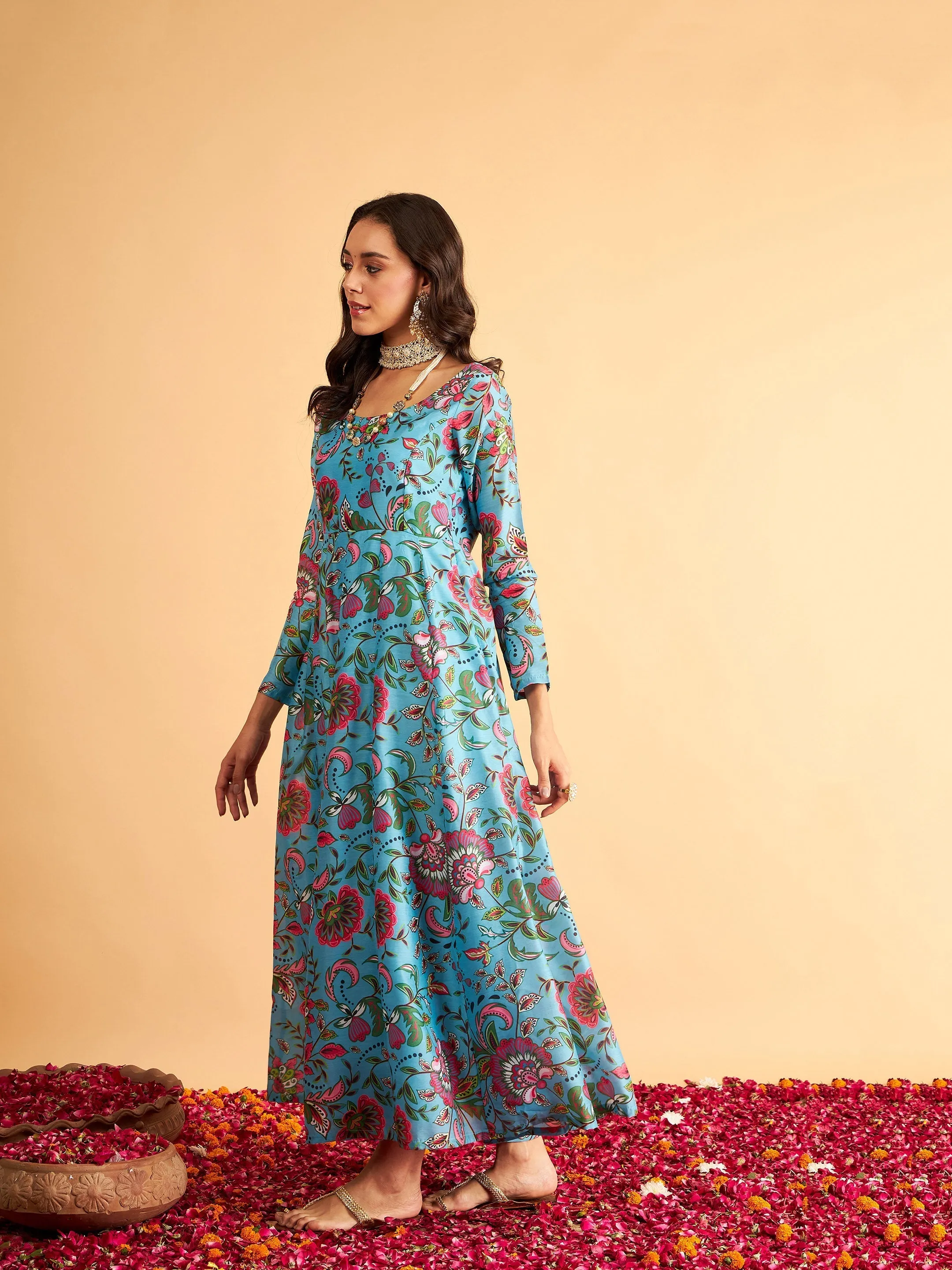 Women Blue Floral Anarkali Maxi Dress