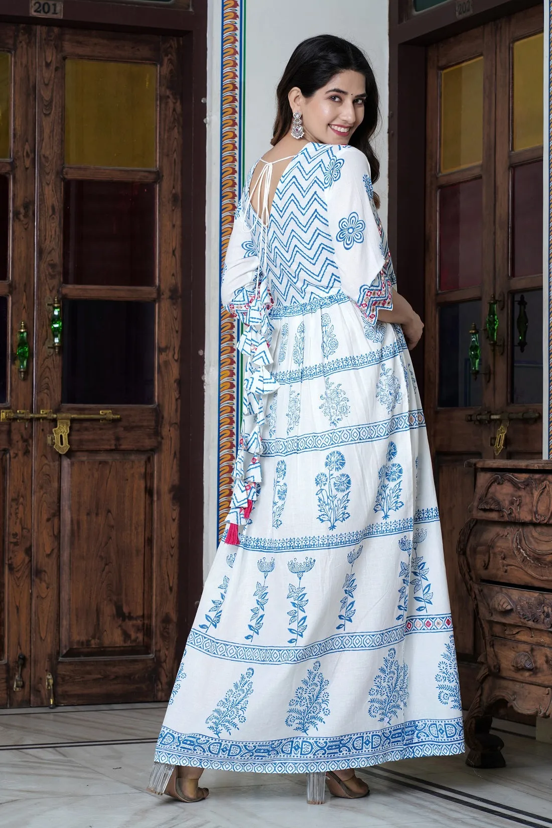 Women Ethnic Motifs Block Printed Mirror Work Maxi Cotton Ethnic Dress