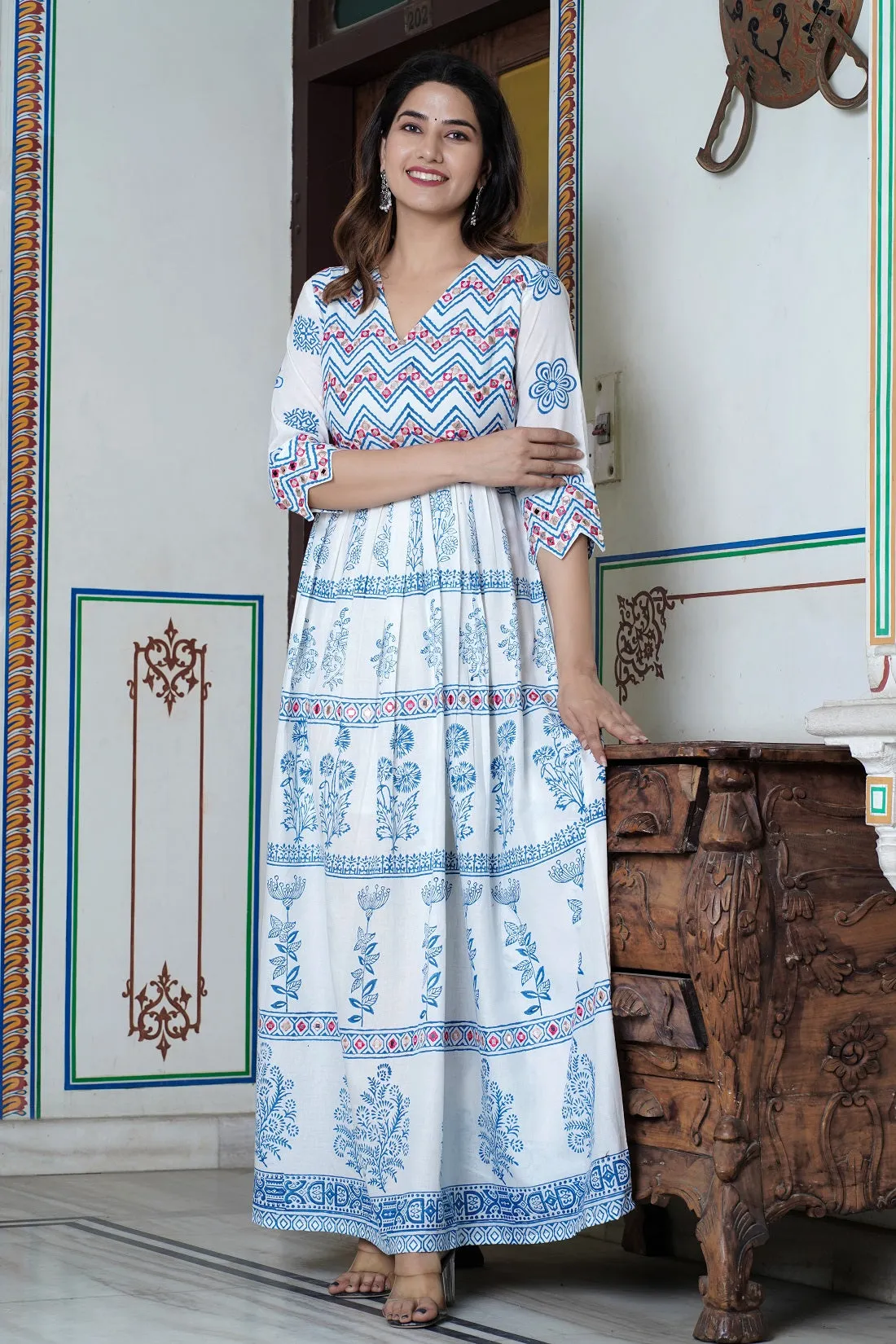 Women Ethnic Motifs Block Printed Mirror Work Maxi Cotton Ethnic Dress