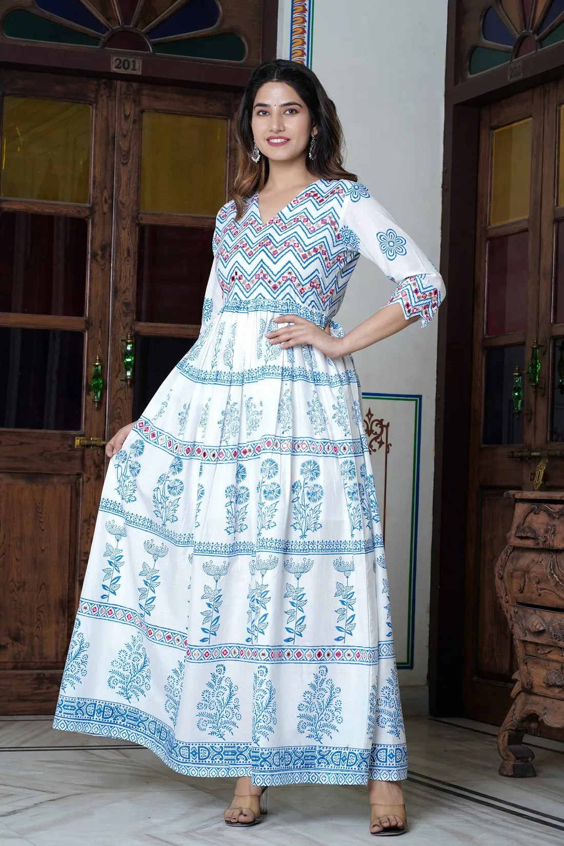 Women Ethnic Motifs Block Printed Mirror Work Maxi Cotton Ethnic Dress