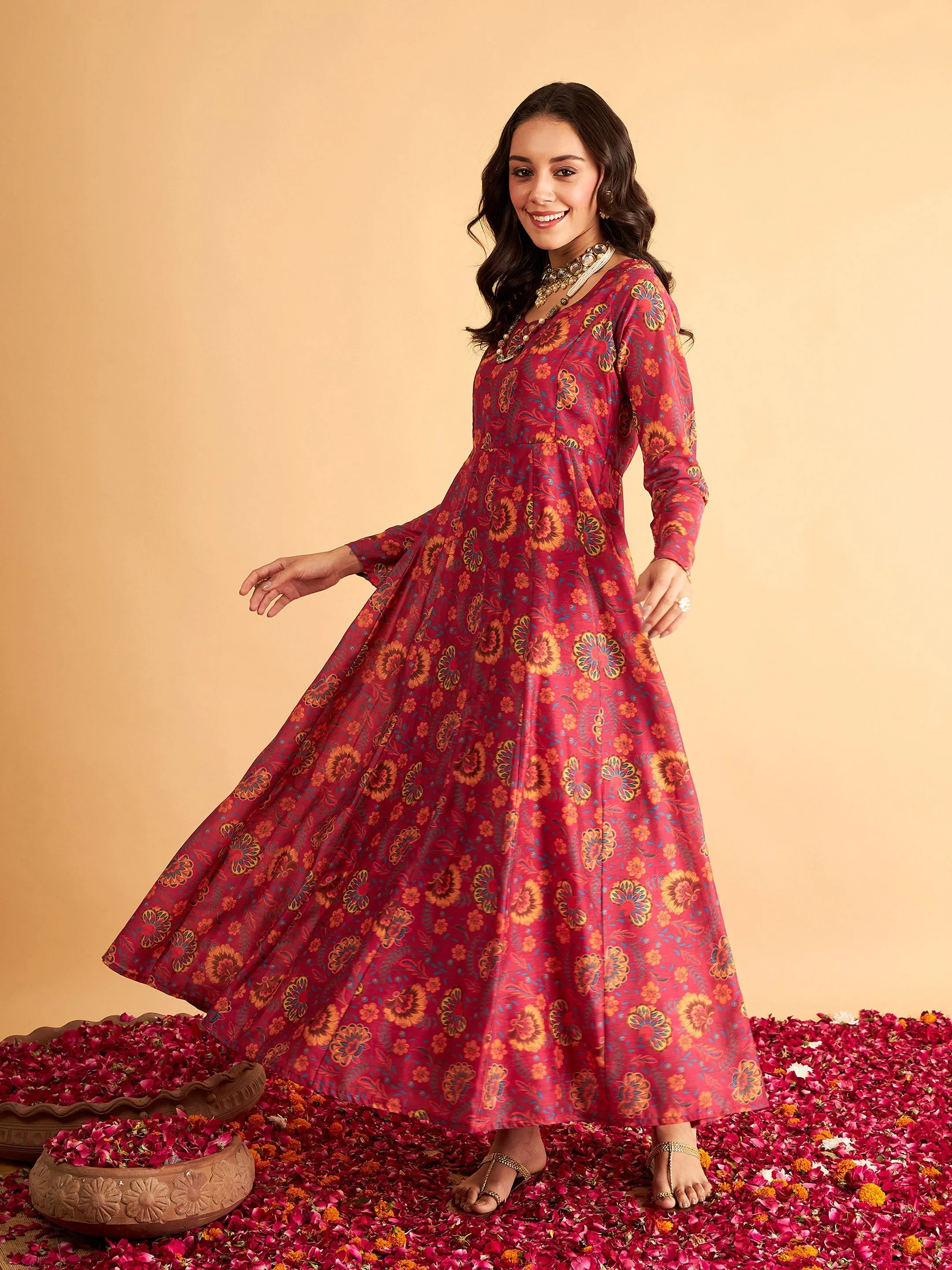 Women Fuchsia Floral Anarkali Maxi Dress