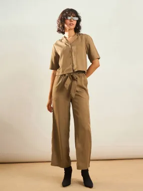 Women Khaki Notch Collar Shirt With Paperback Waist Pants