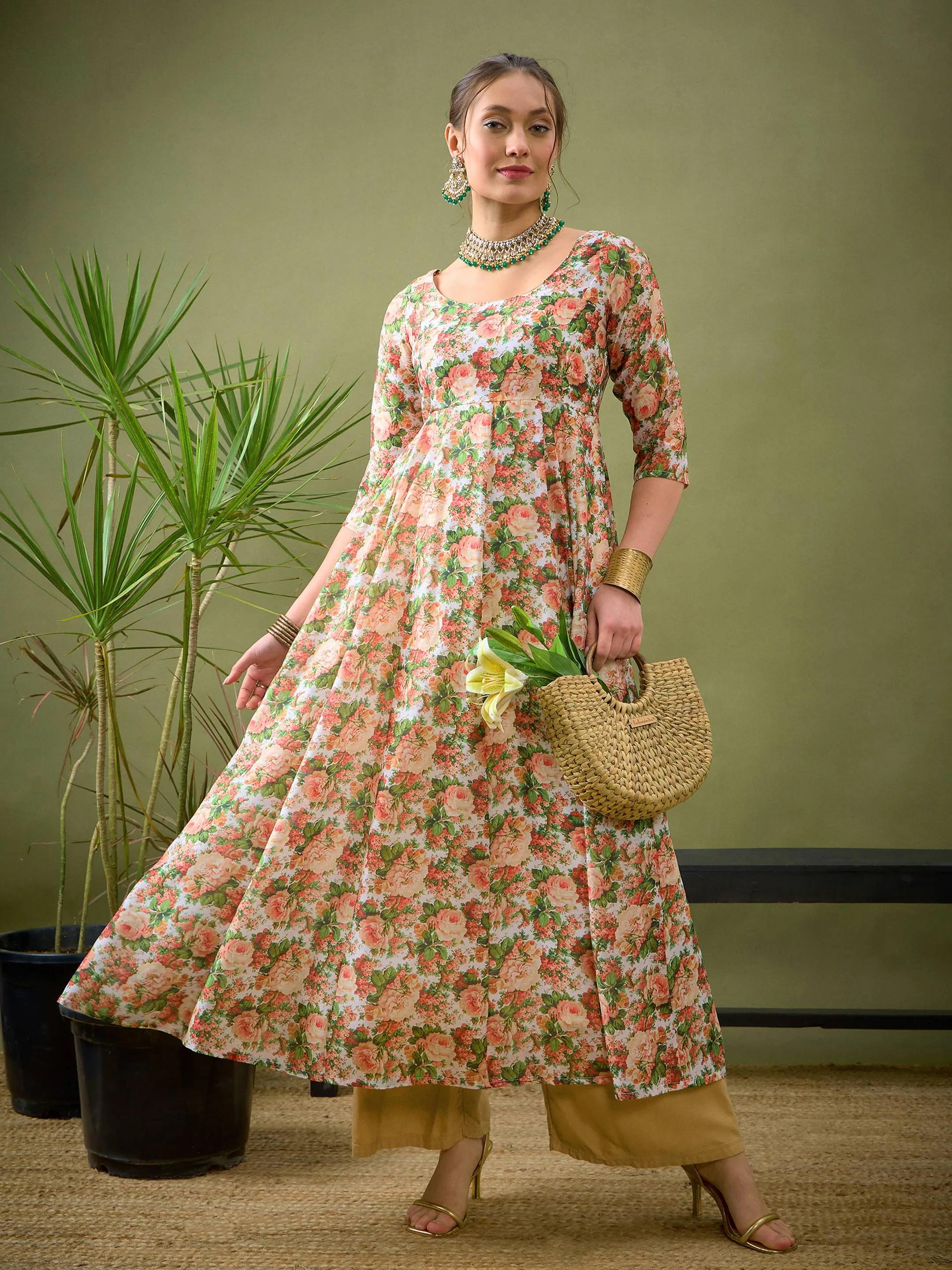 Women Peach Chanderi Floral Anarkali Maxi Dress