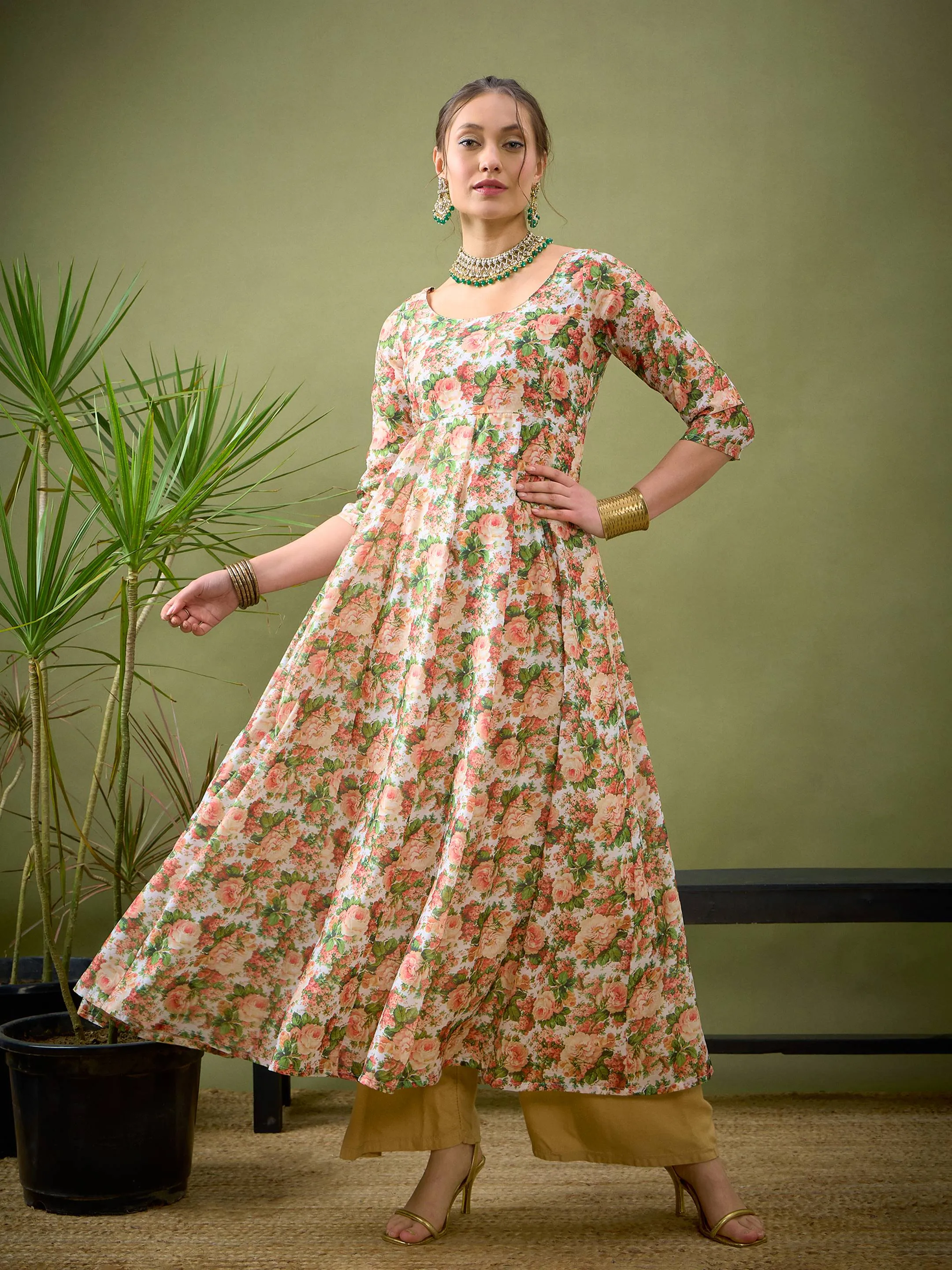 Women Peach Chanderi Floral Anarkali Maxi Dress