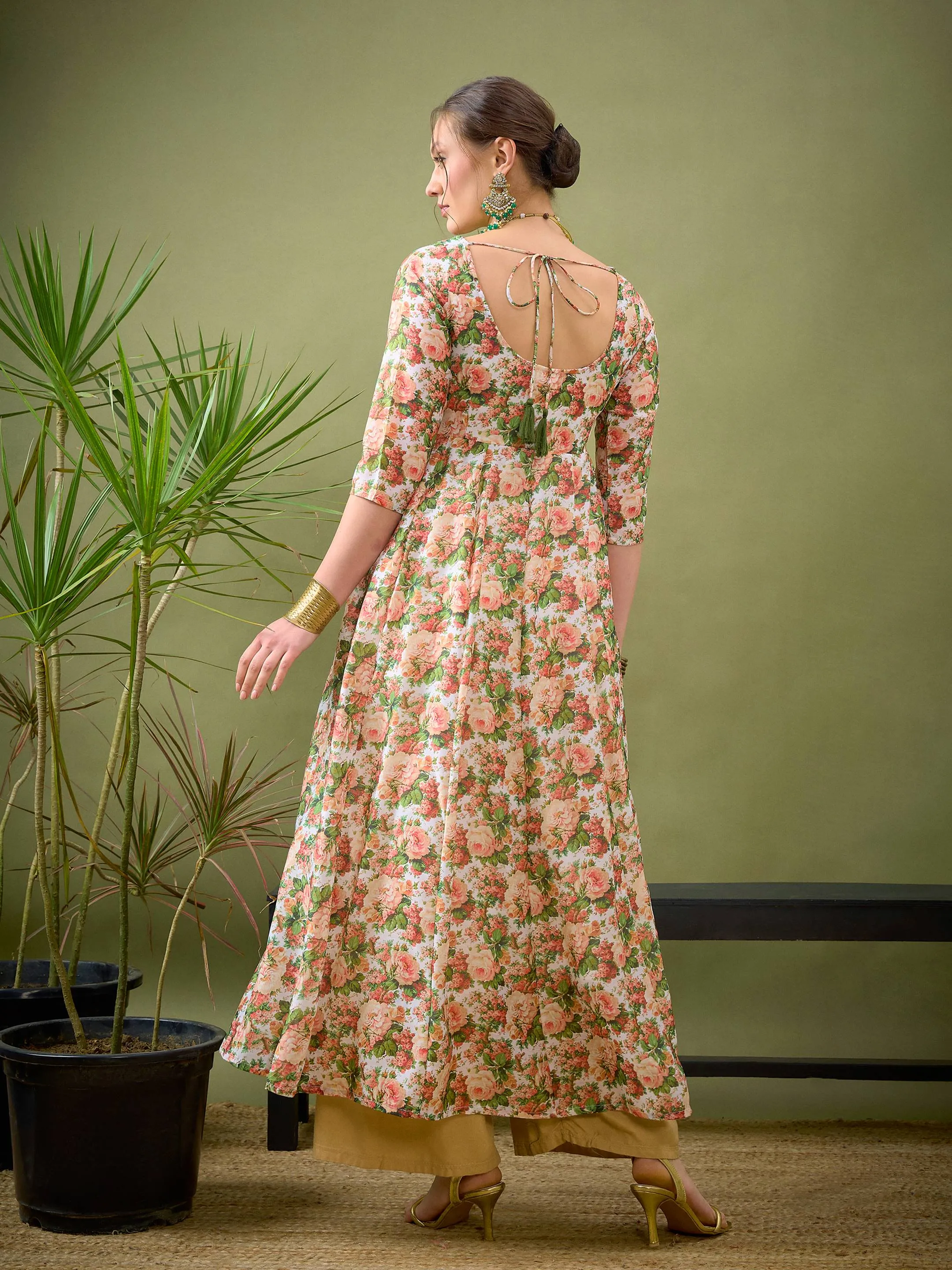 Women Peach Chanderi Floral Anarkali Maxi Dress