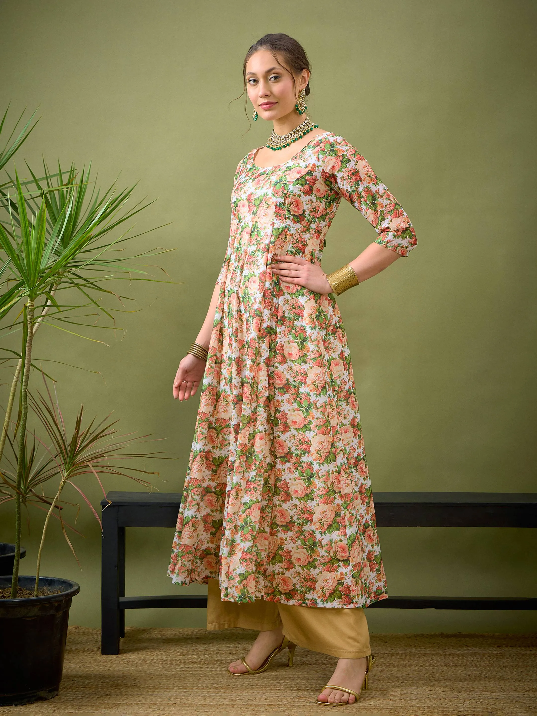 Women Peach Chanderi Floral Anarkali Maxi Dress