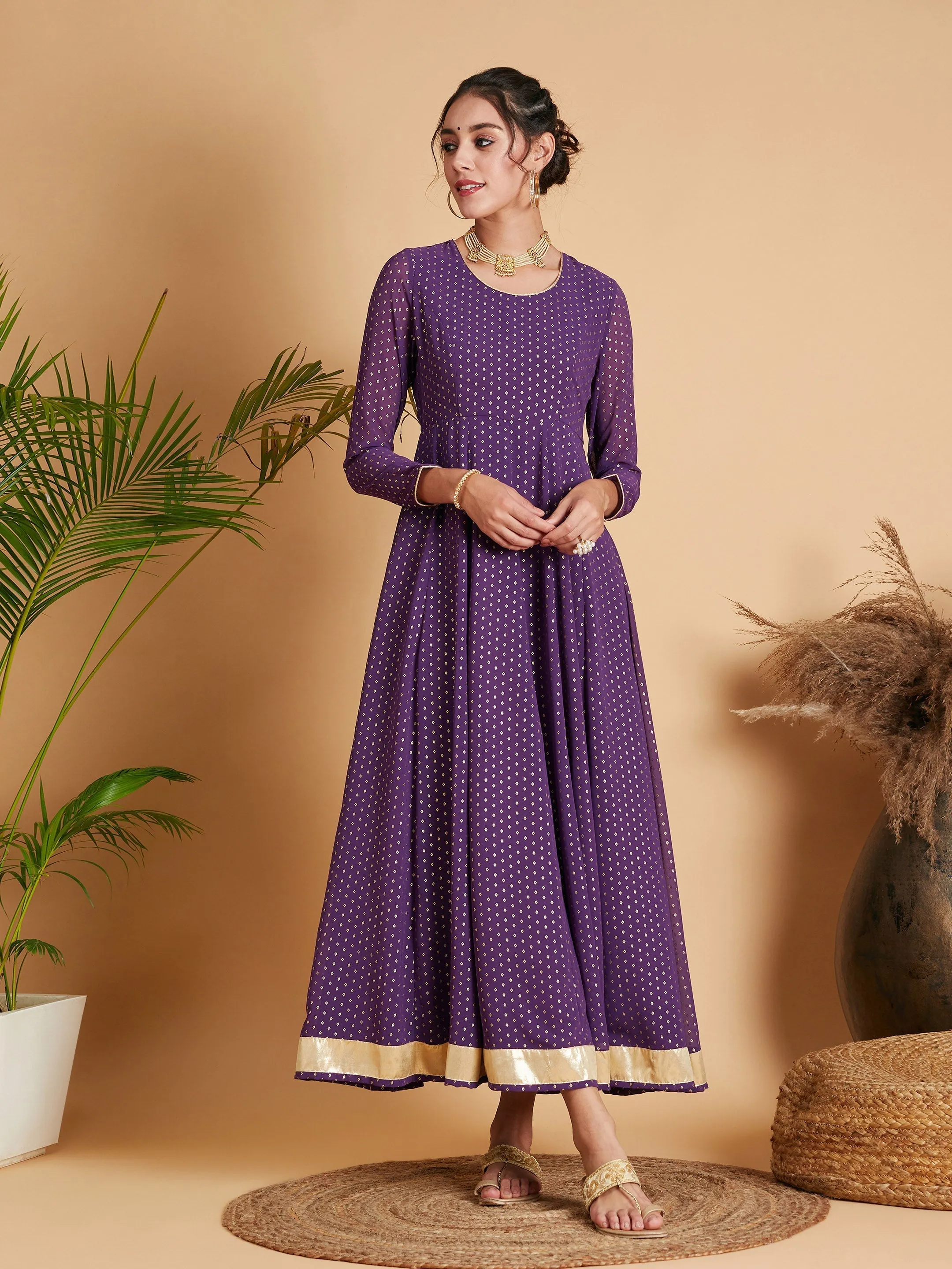 Women Purple Dot Foil Print Anarkali Dress