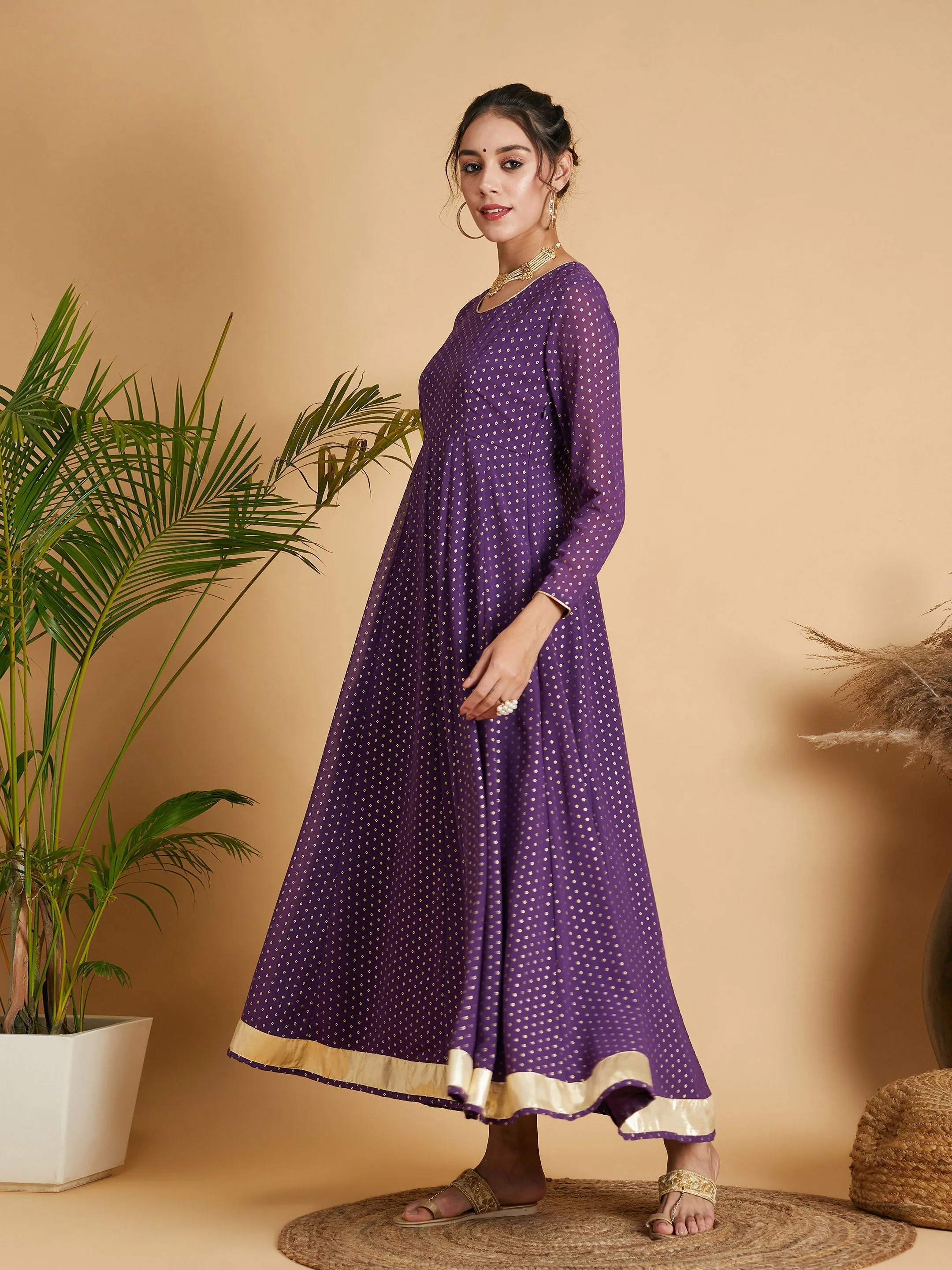 Women Purple Dot Foil Print Anarkali Dress