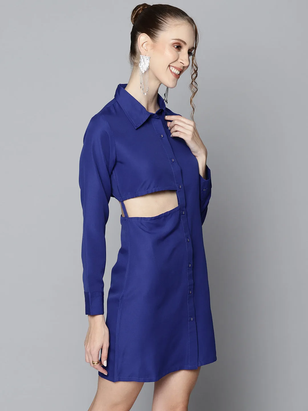 Women Royal Blue Side Cut-Out Shirt Dress