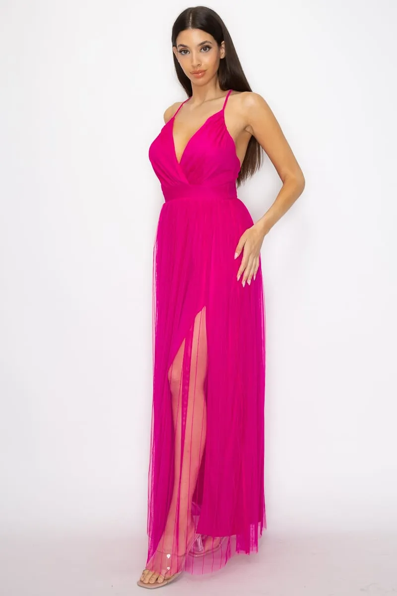 Women's Pleated mesh slit maxi dress