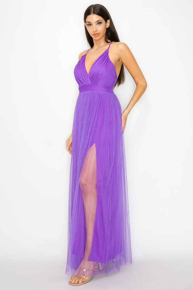 Women's Pleated mesh slit maxi dress