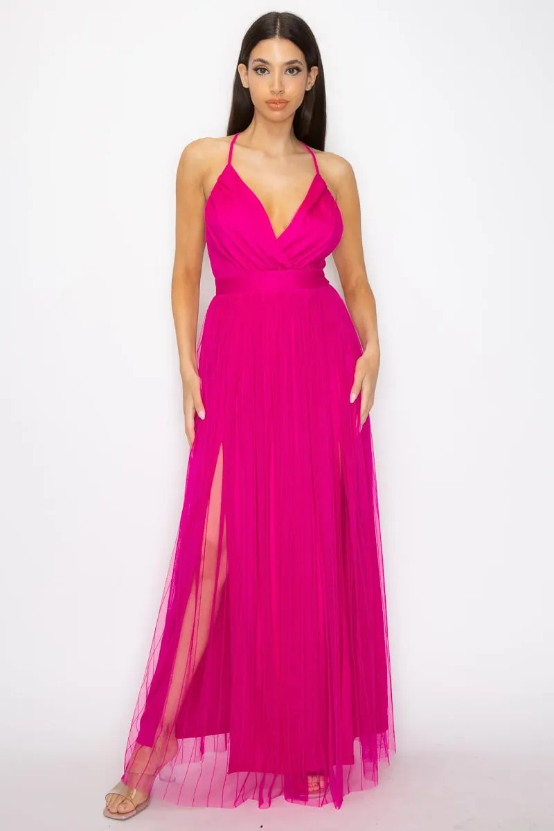 Women's Pleated mesh slit maxi dress