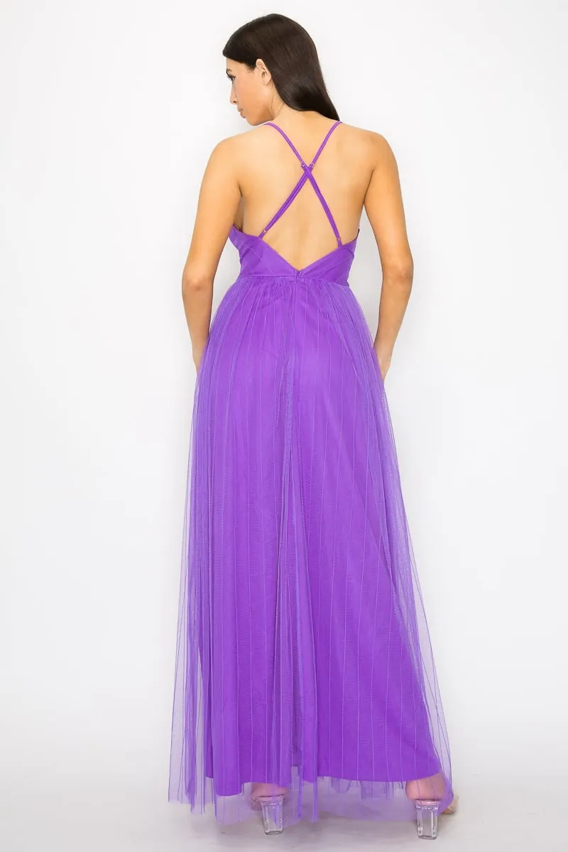 Women's Pleated mesh slit maxi dress