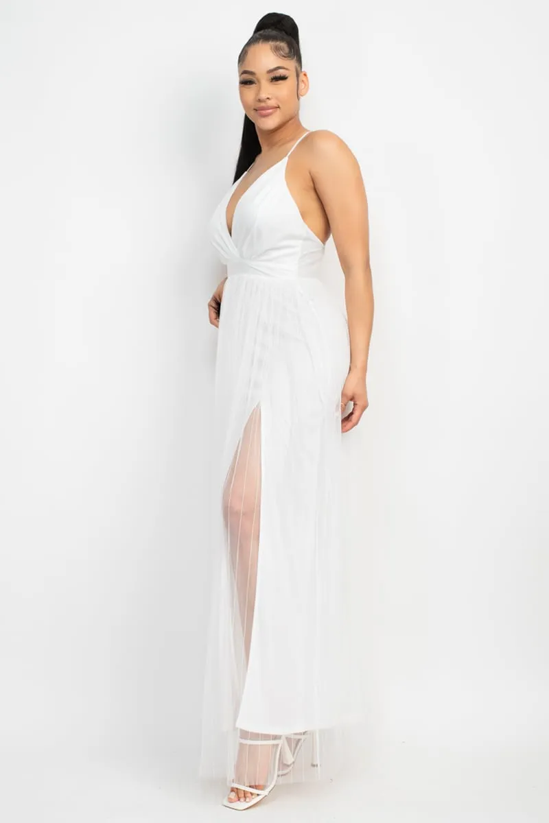 Women's Pleated mesh slit maxi dress