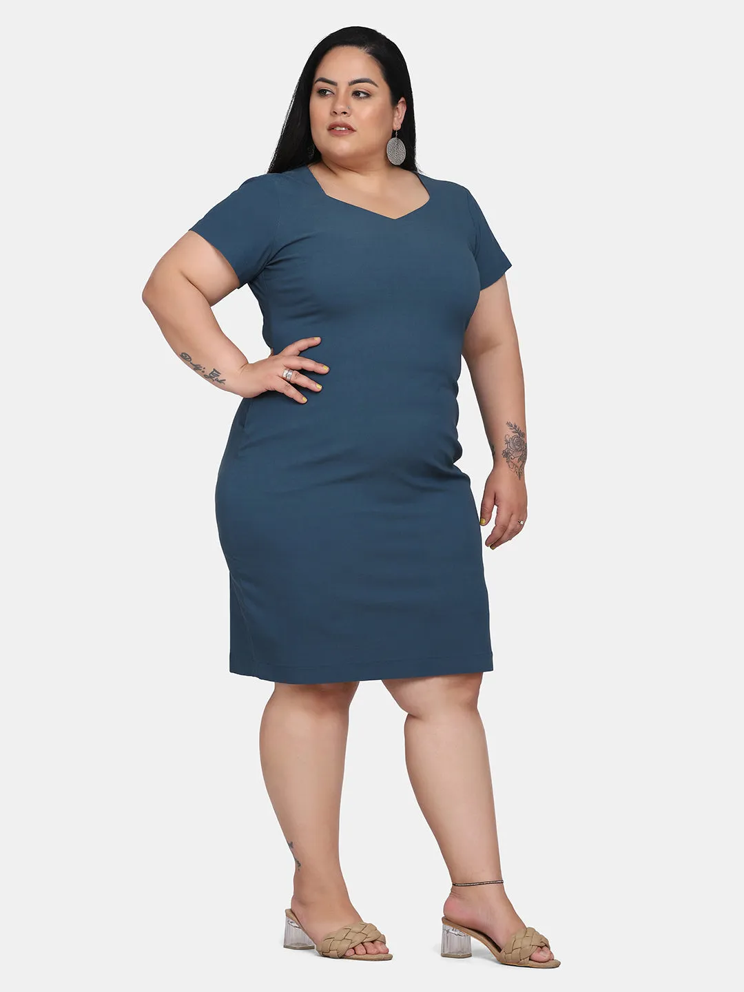 Women's Plus size Solid Colour Stretch Dress - Teal Blue