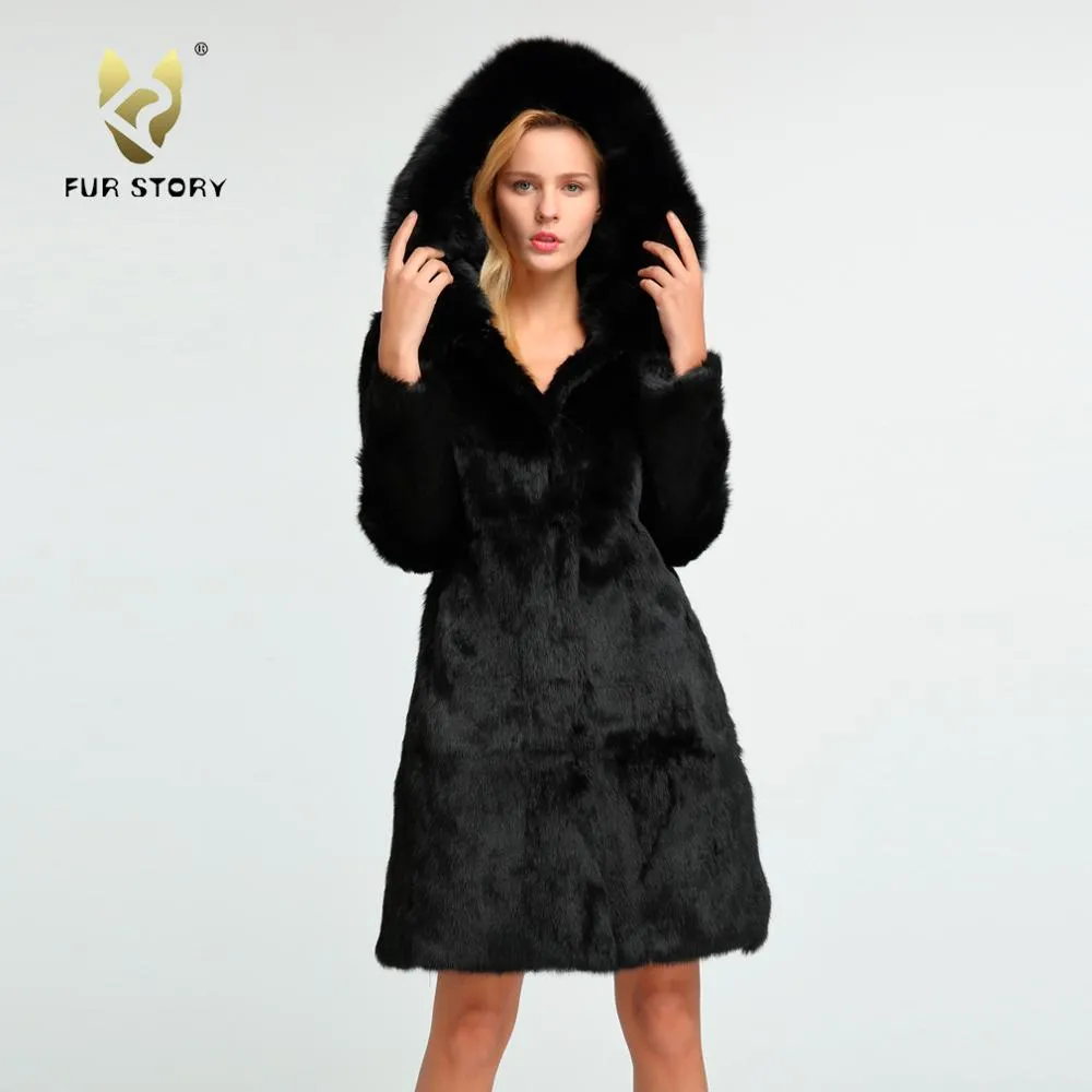 Womens Real Rabbit Fur Coat with Fox Hood Winter Spring jacket Female 151254