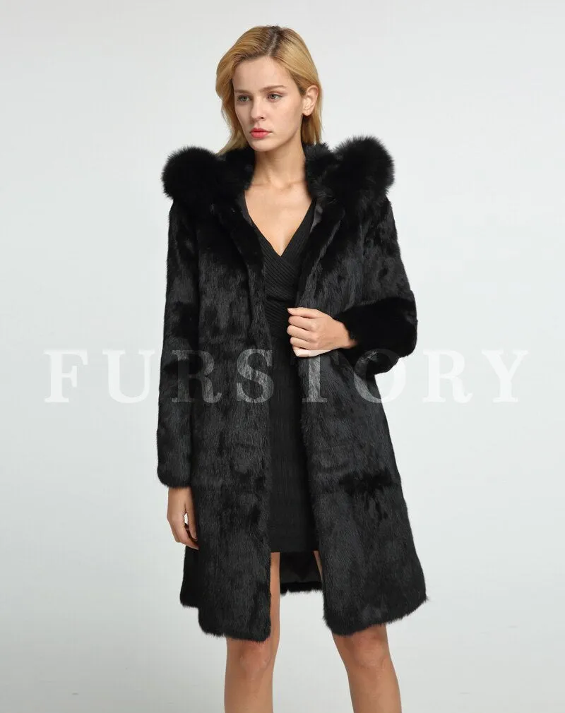 Womens Real Rabbit Fur Coat with Fox Hood Winter Spring jacket Female 151254