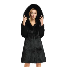 Womens Real Rabbit Fur Coat with Fox Hood Winter Spring jacket Female 151254