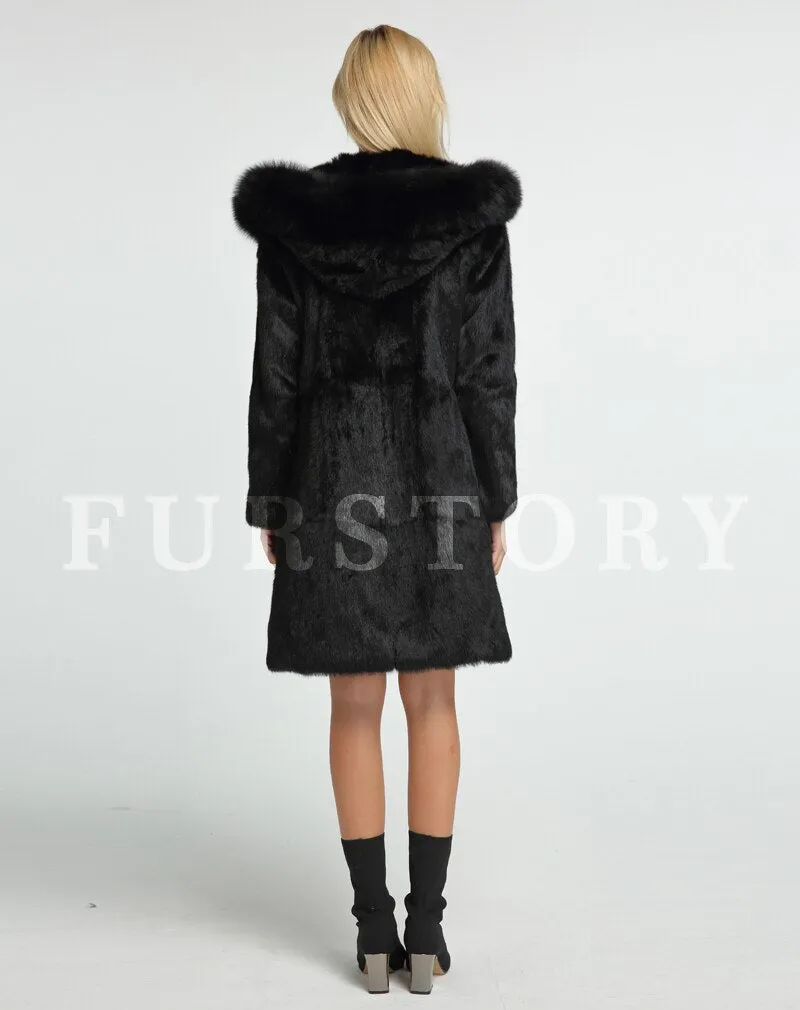 Womens Real Rabbit Fur Coat with Fox Hood Winter Spring jacket Female 151254