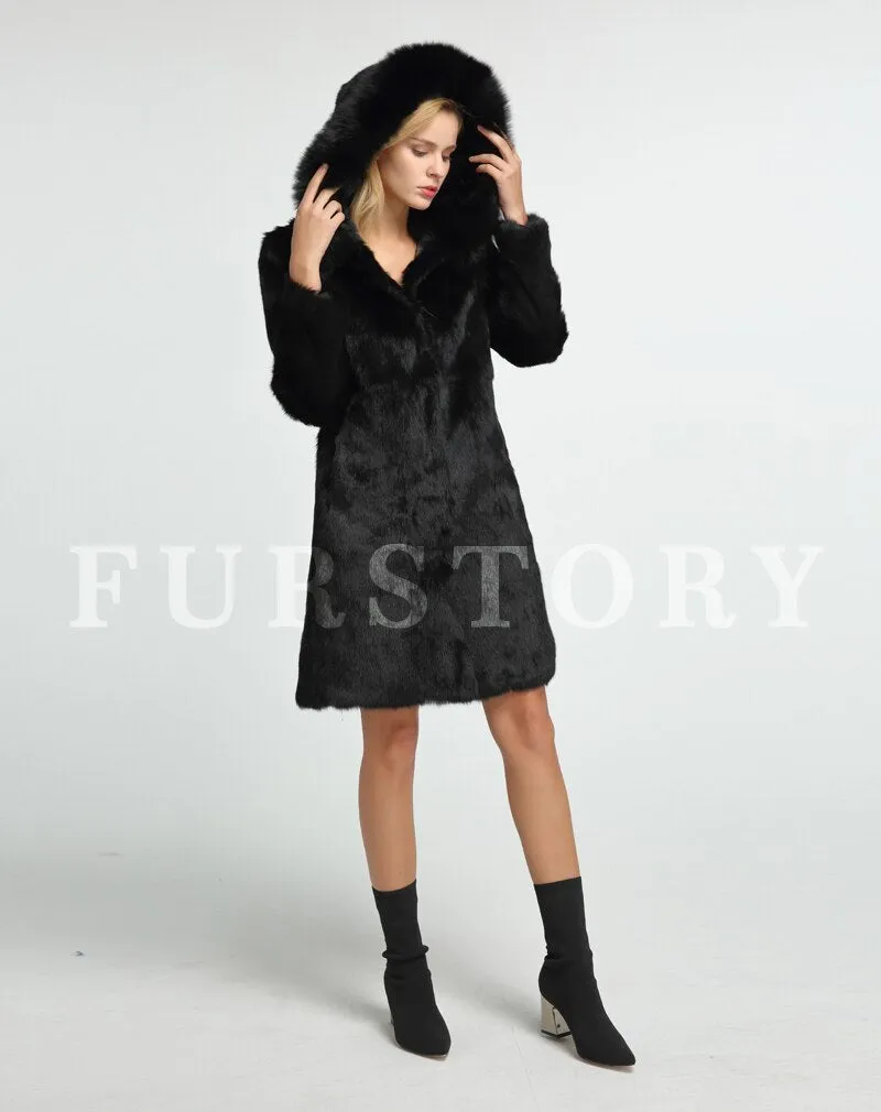 Womens Real Rabbit Fur Coat with Fox Hood Winter Spring jacket Female 151254