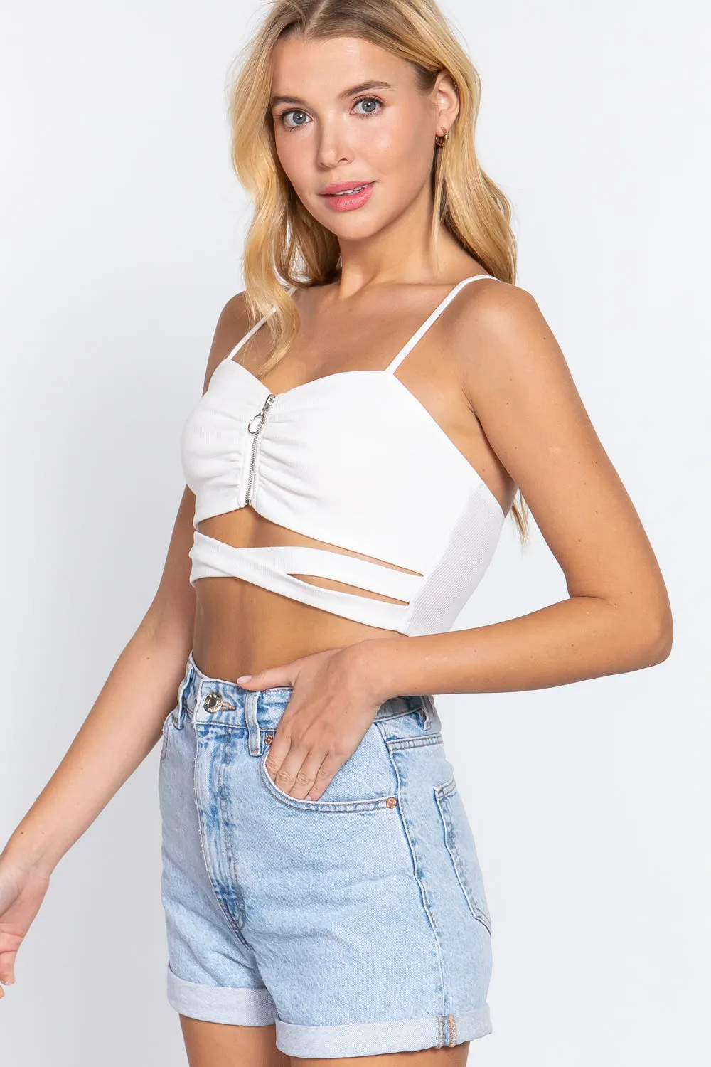 Women's Zippered Cross Rib Knit Crop Cami