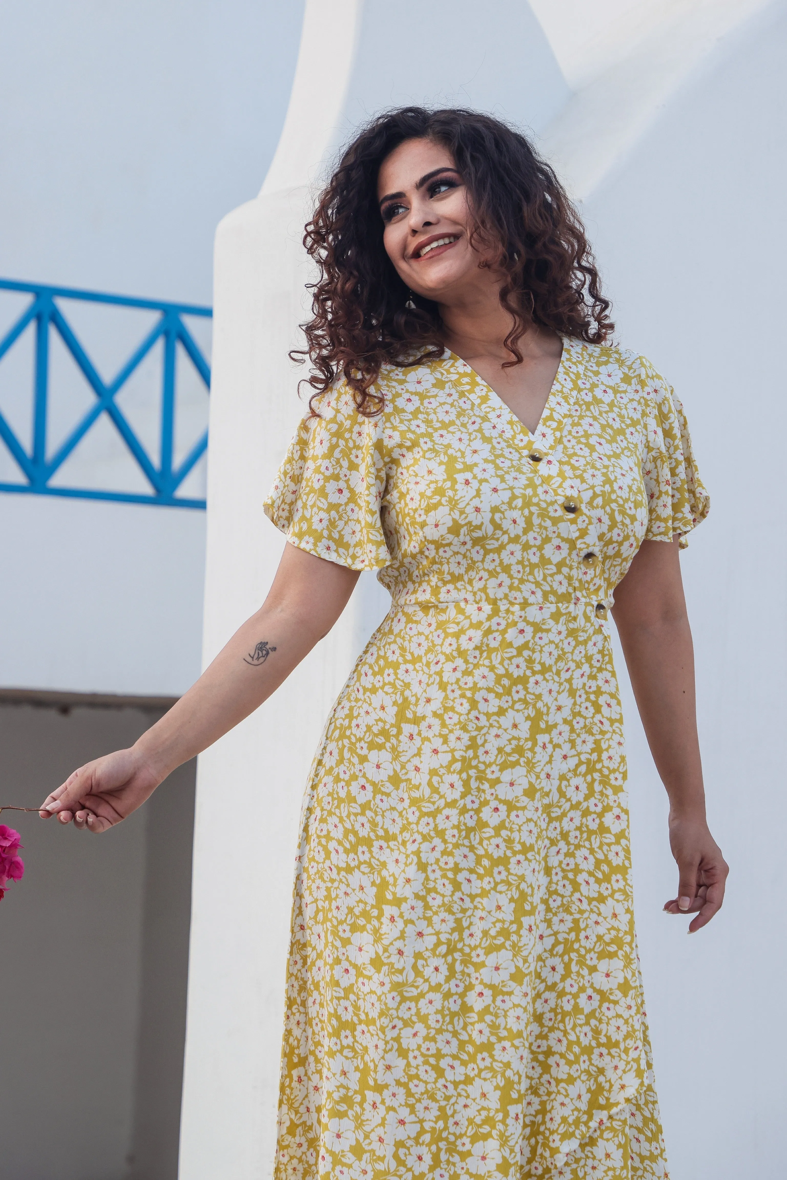 Yellow Printed Midi Dress