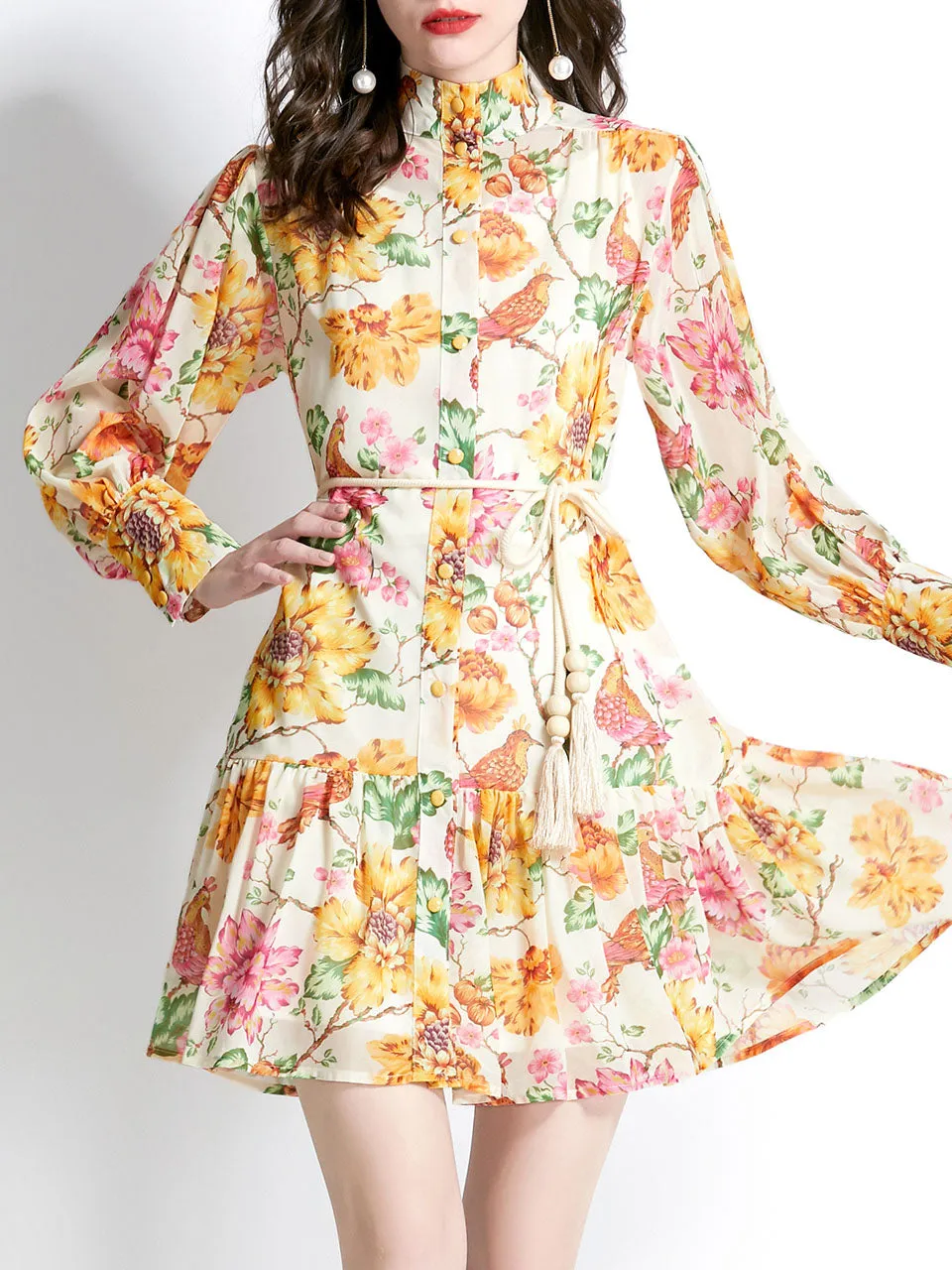 Yellow Stand Collar Floral Print Long Sleeve Boho Dress Mini Dress