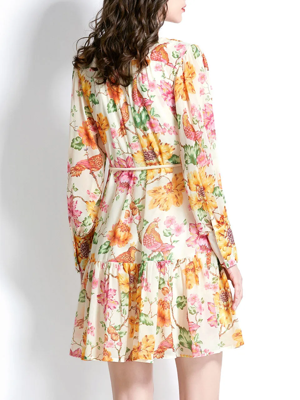 Yellow Stand Collar Floral Print Long Sleeve Boho Dress Mini Dress