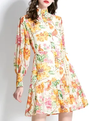 Yellow Stand Collar Floral Print Long Sleeve Boho Dress Mini Dress