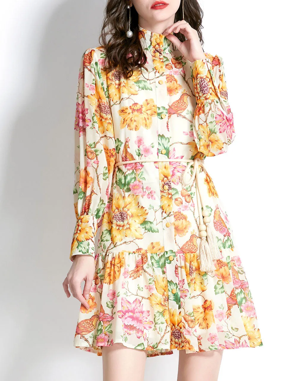 Yellow Stand Collar Floral Print Long Sleeve Boho Dress Mini Dress