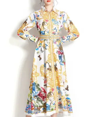 Yellow Turn Down Collar Floral Print Long Sleeve Bohemian Dress Maxi Dress